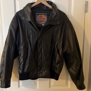 Vintage Midway Black Leather Bomber Jacket